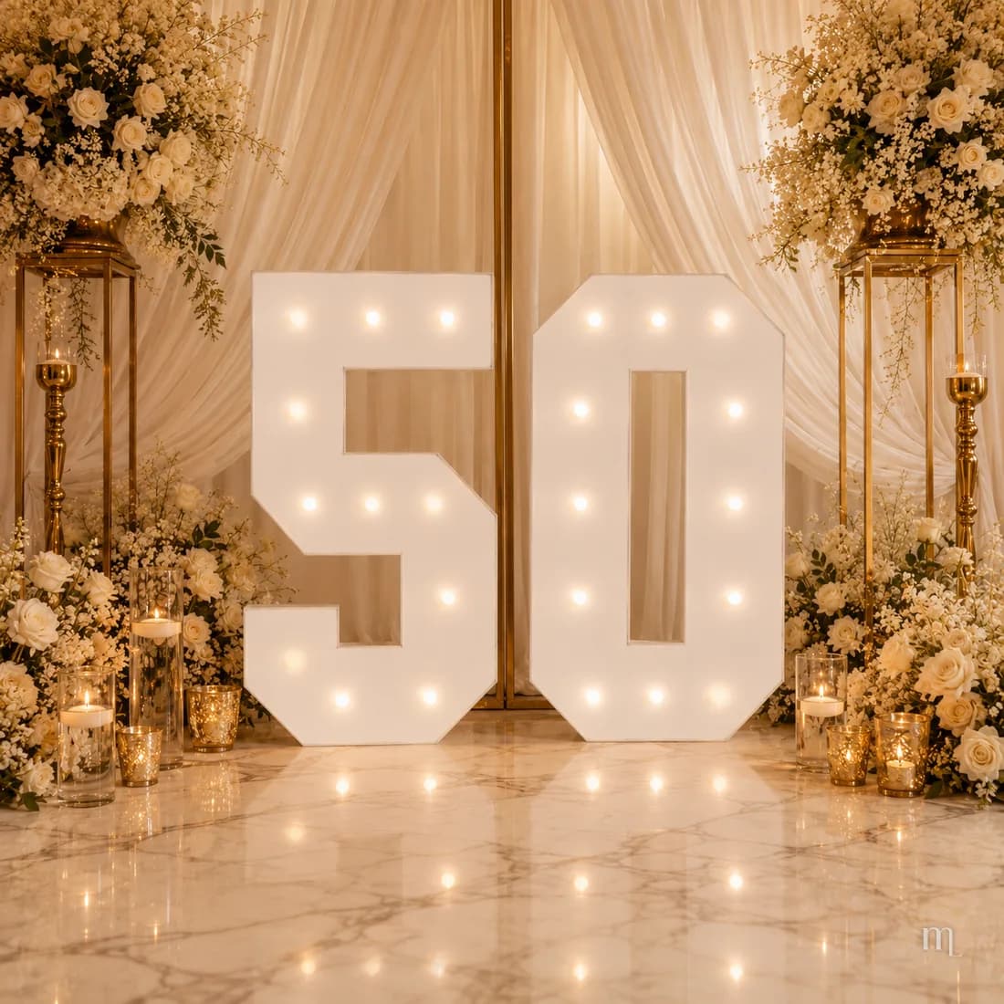 Un 50 iluminado entre flores blancas y velas, reflejándose en un piso de mármol
