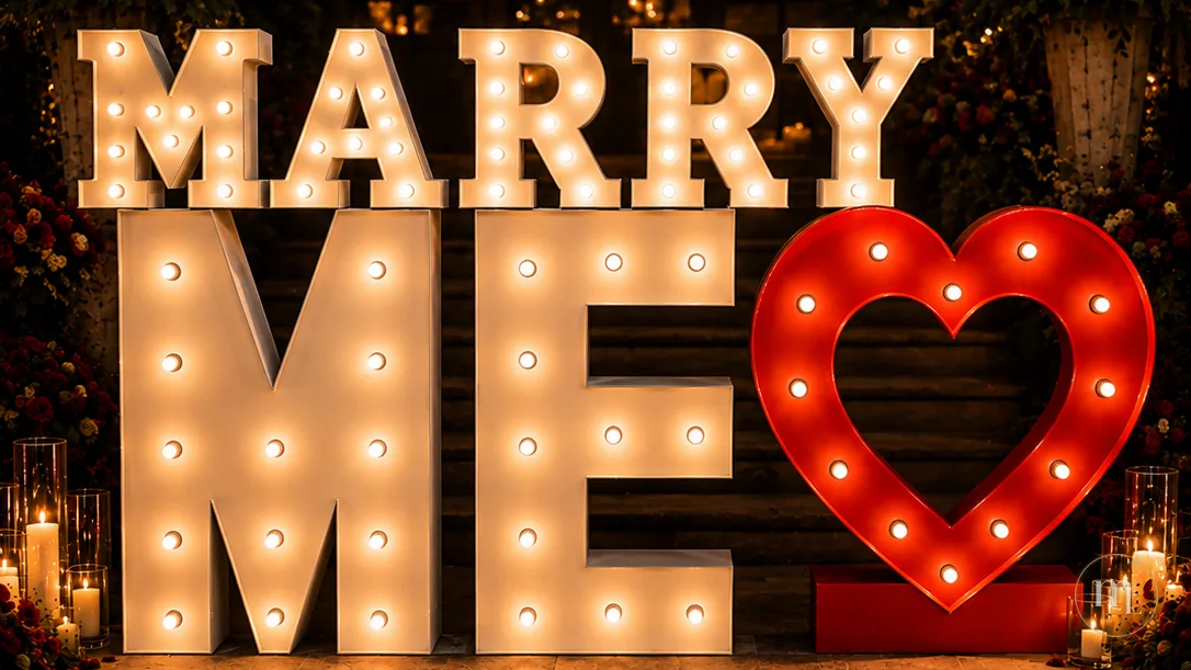 MARRY ME en letras grandes iluminadas, con el corazón rojo al lado, entre velas y flores