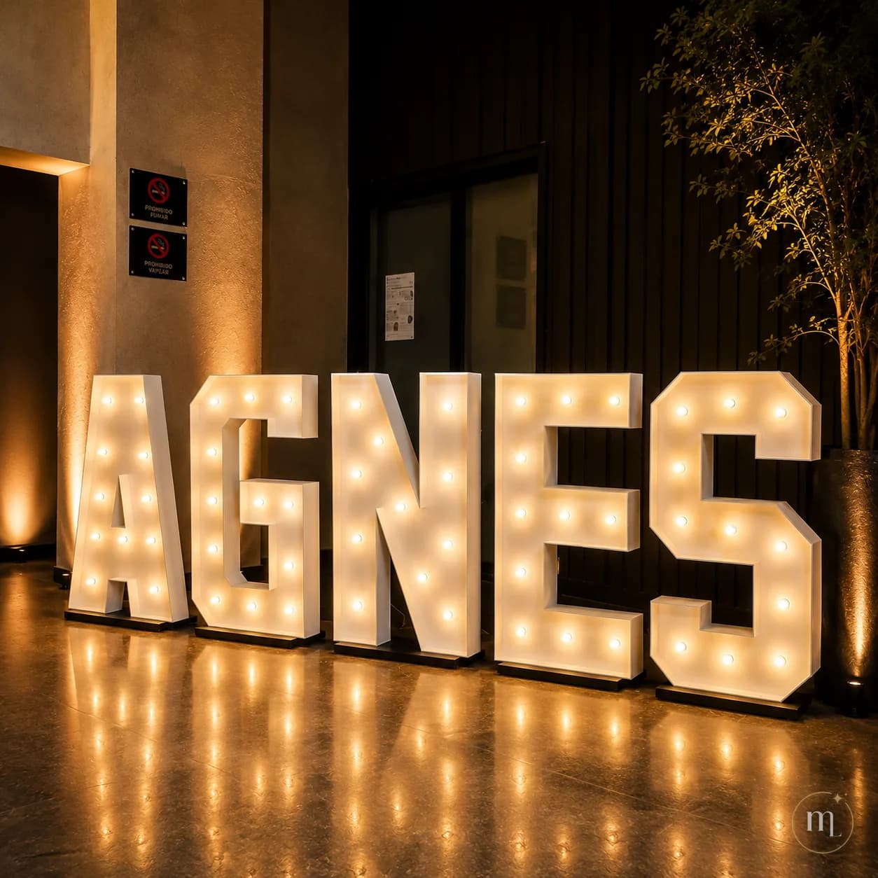 El nombre AGNES en letras iluminadas en el vestíbulo de un salón, reflejándose en el piso