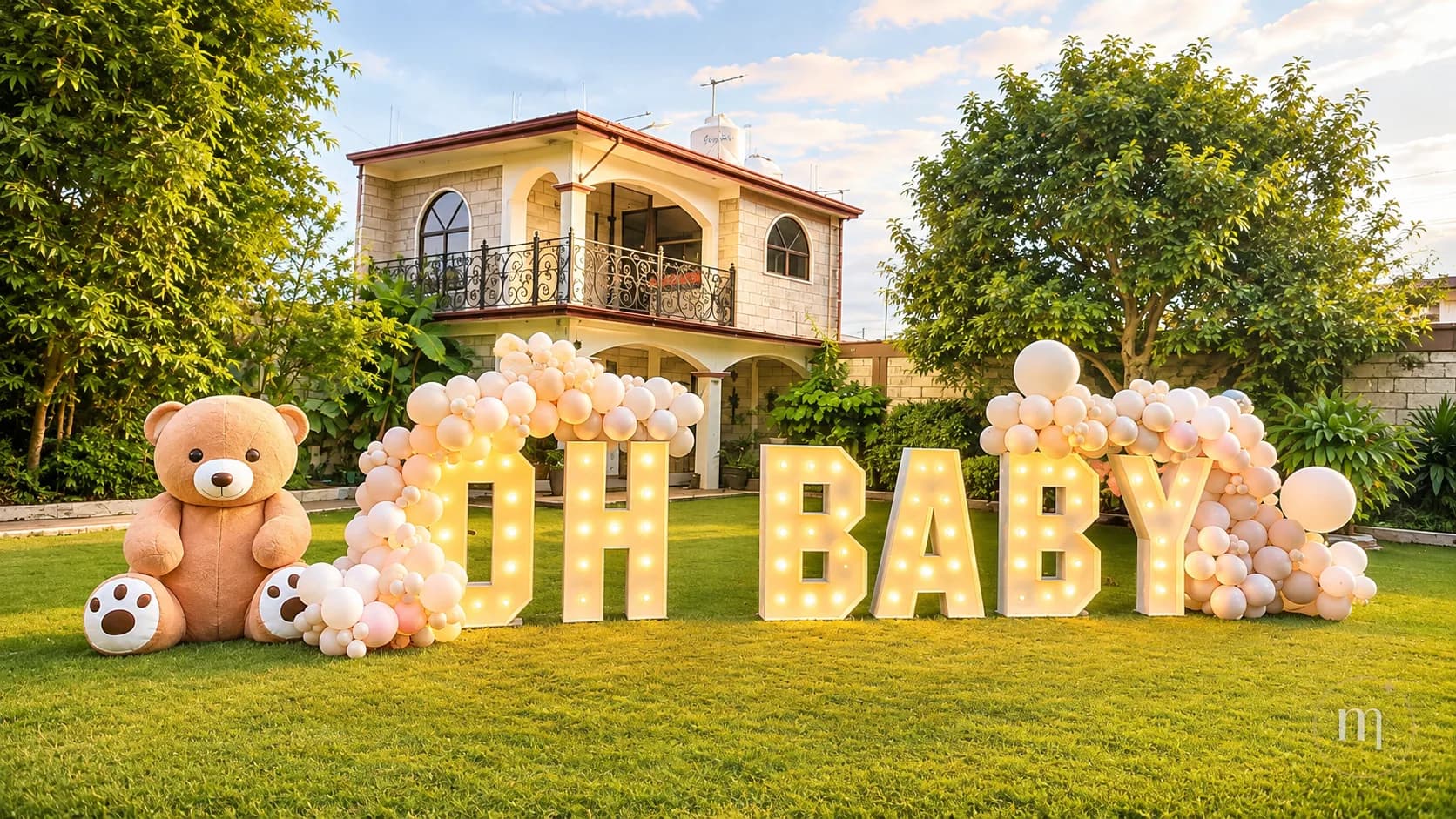 Letras iluminadas montadas en un jardín entre globos, al atardecer