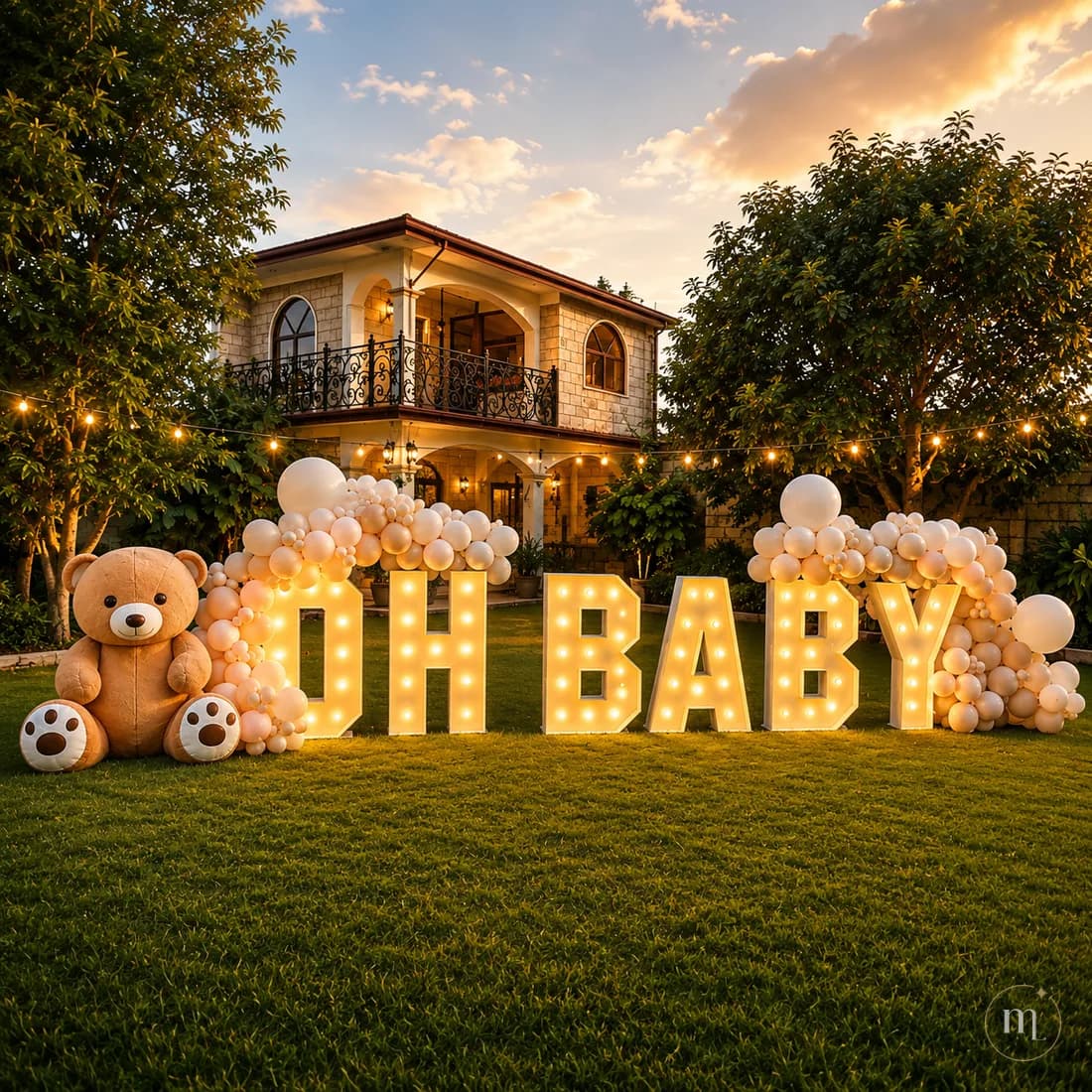 Letras iluminadas montadas en un jardín entre globos, al atardecer